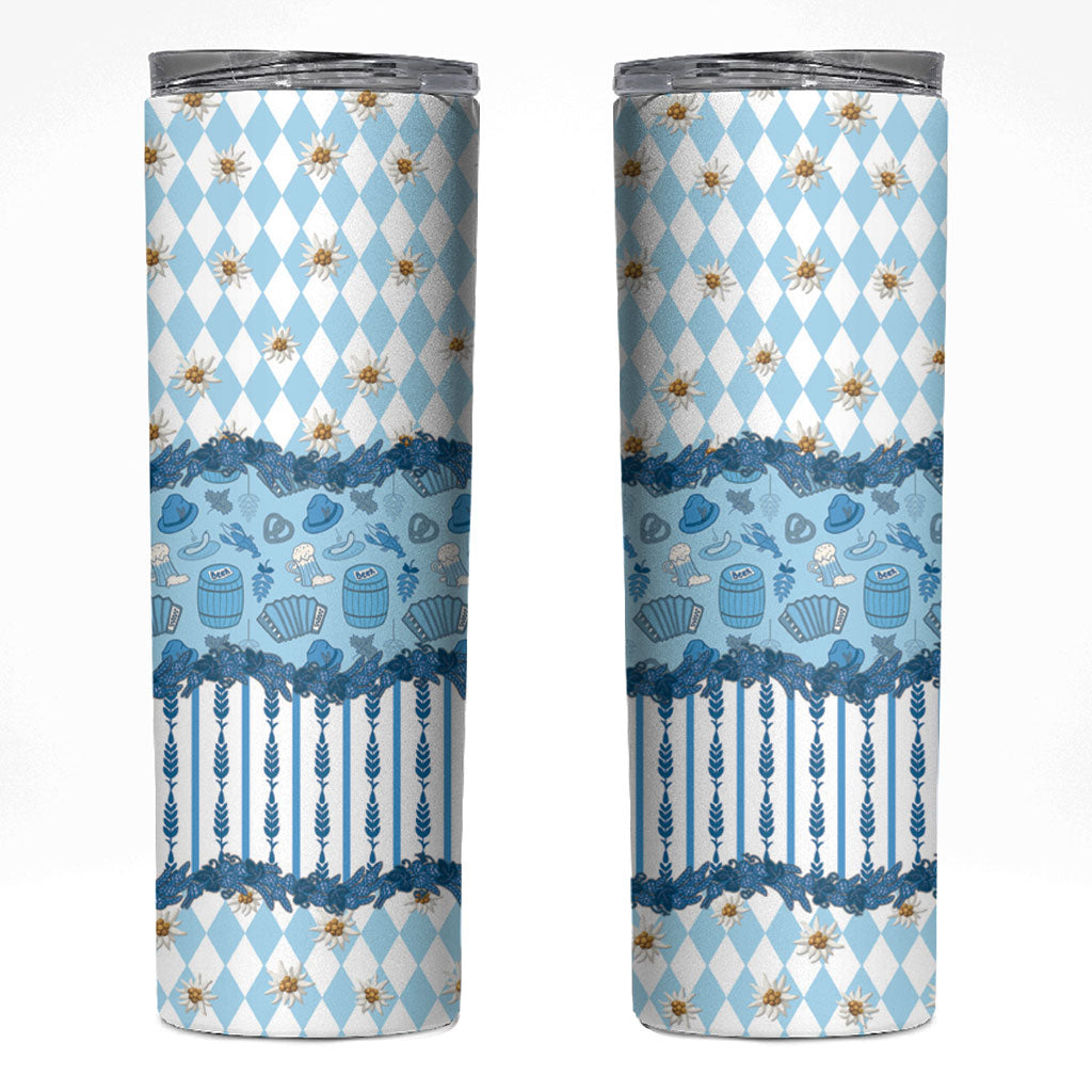 Oktoberfest Bavarian Heritage Skinny Tumbler Edelweiss Beer Festival Blue Pattern