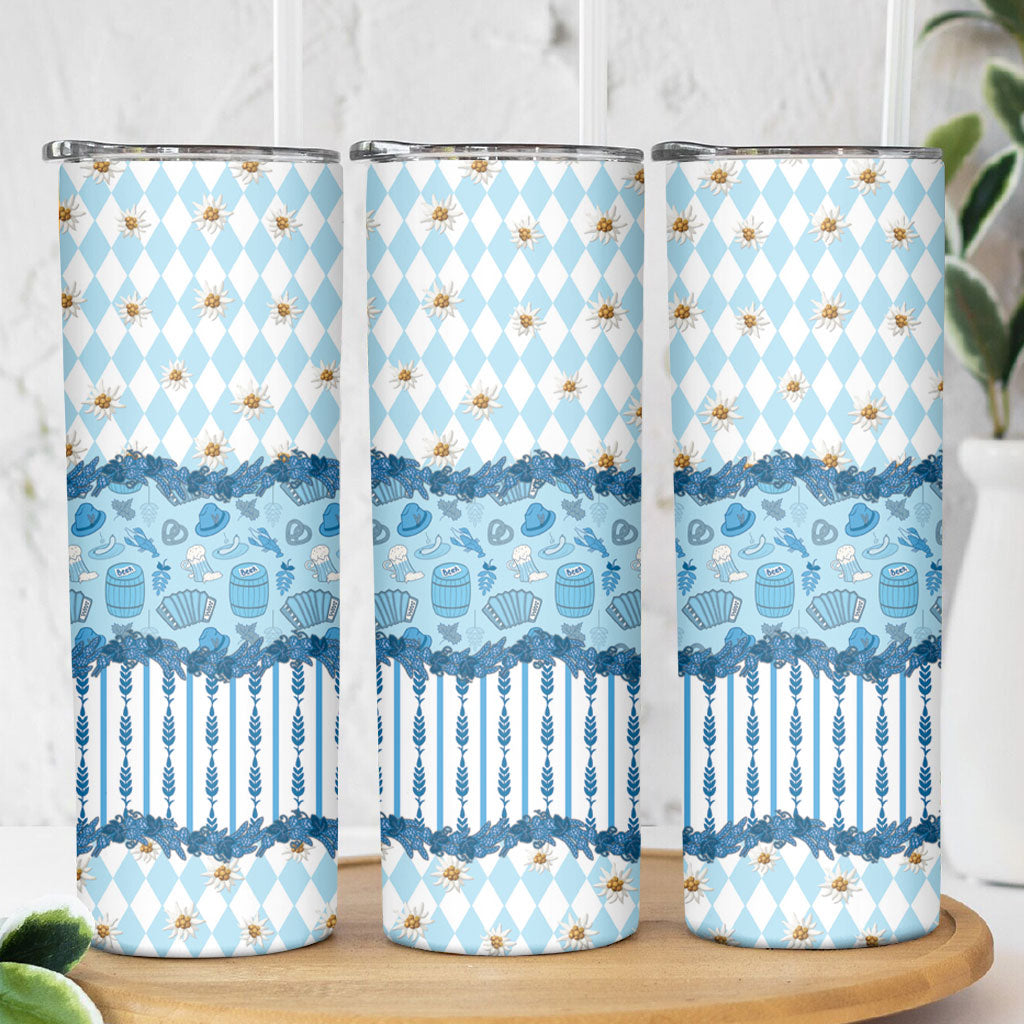 Oktoberfest Bavarian Heritage Skinny Tumbler Edelweiss Beer Festival Blue Pattern