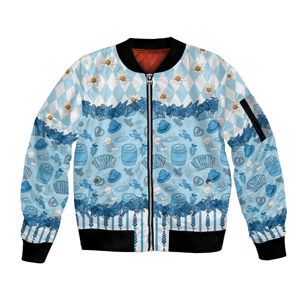 Oktoberfest Bavarian Heritage Sleeve Zip Bomber Jacket Edelweiss Beer Festival Blue Pattern