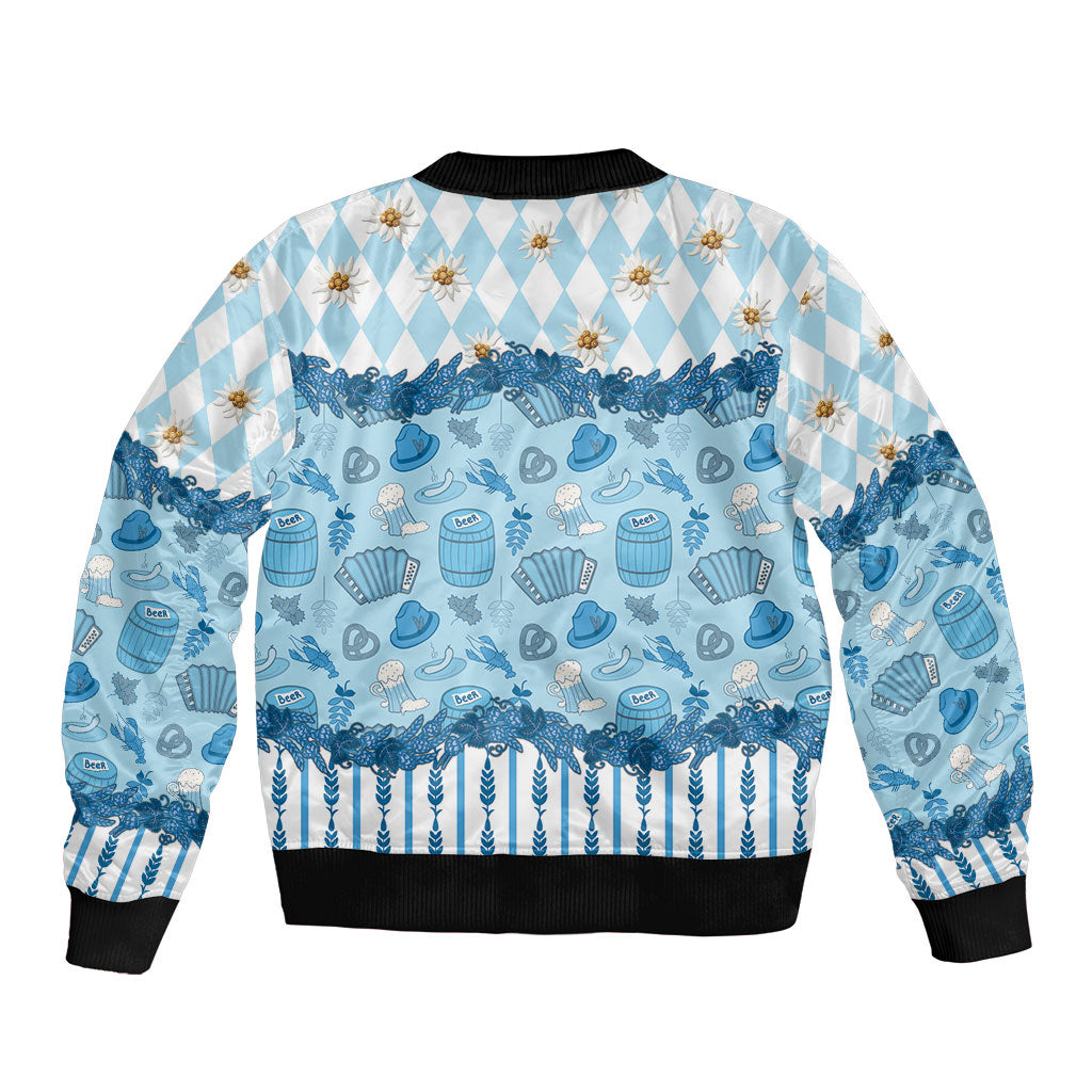 Oktoberfest Bavarian Heritage Sleeve Zip Bomber Jacket Edelweiss Beer Festival Blue Pattern