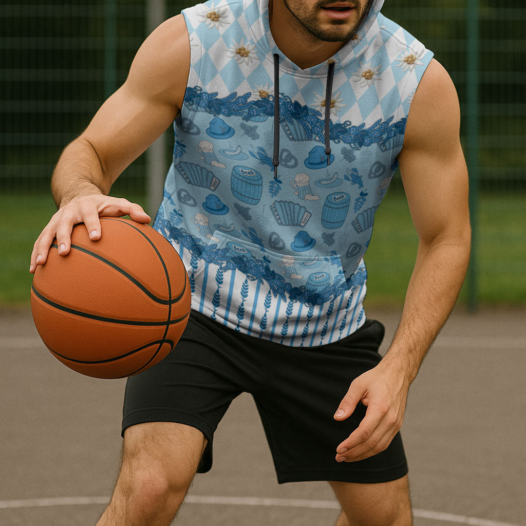 Oktoberfest Bavarian Heritage Sleeveless Hoodie Edelweiss Beer Festival Blue Pattern