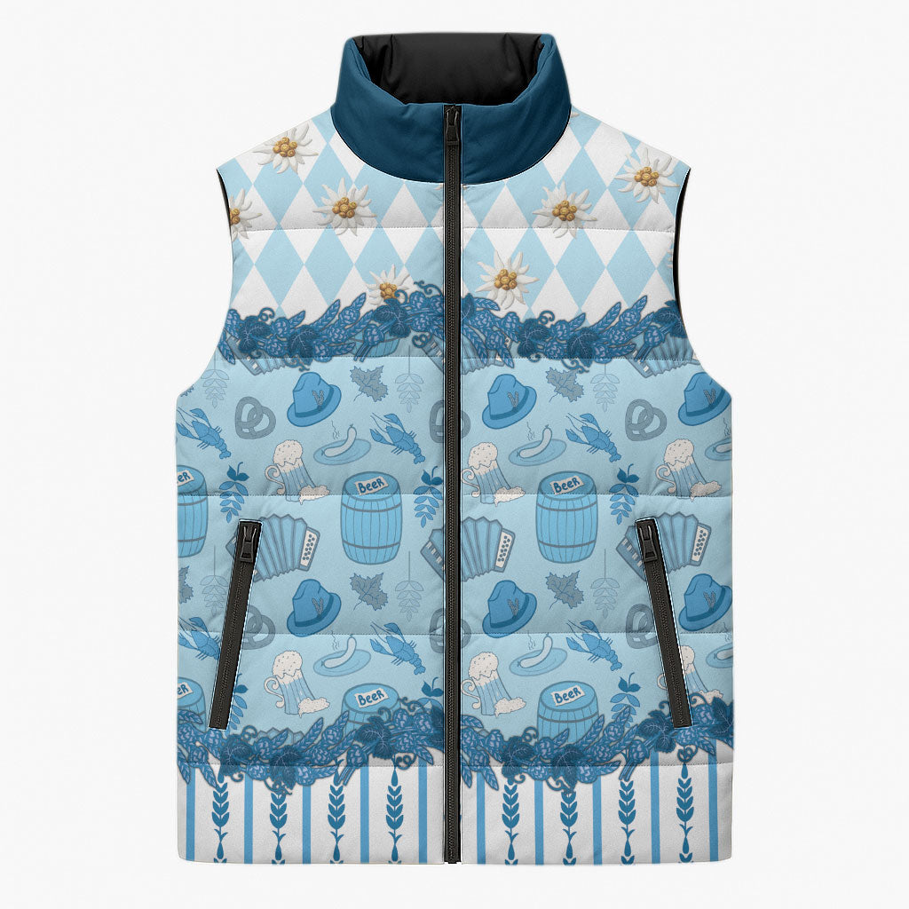 Oktoberfest Bavarian Heritage Sleeveless Puffer Jacket Edelweiss Beer Festival Blue Pattern