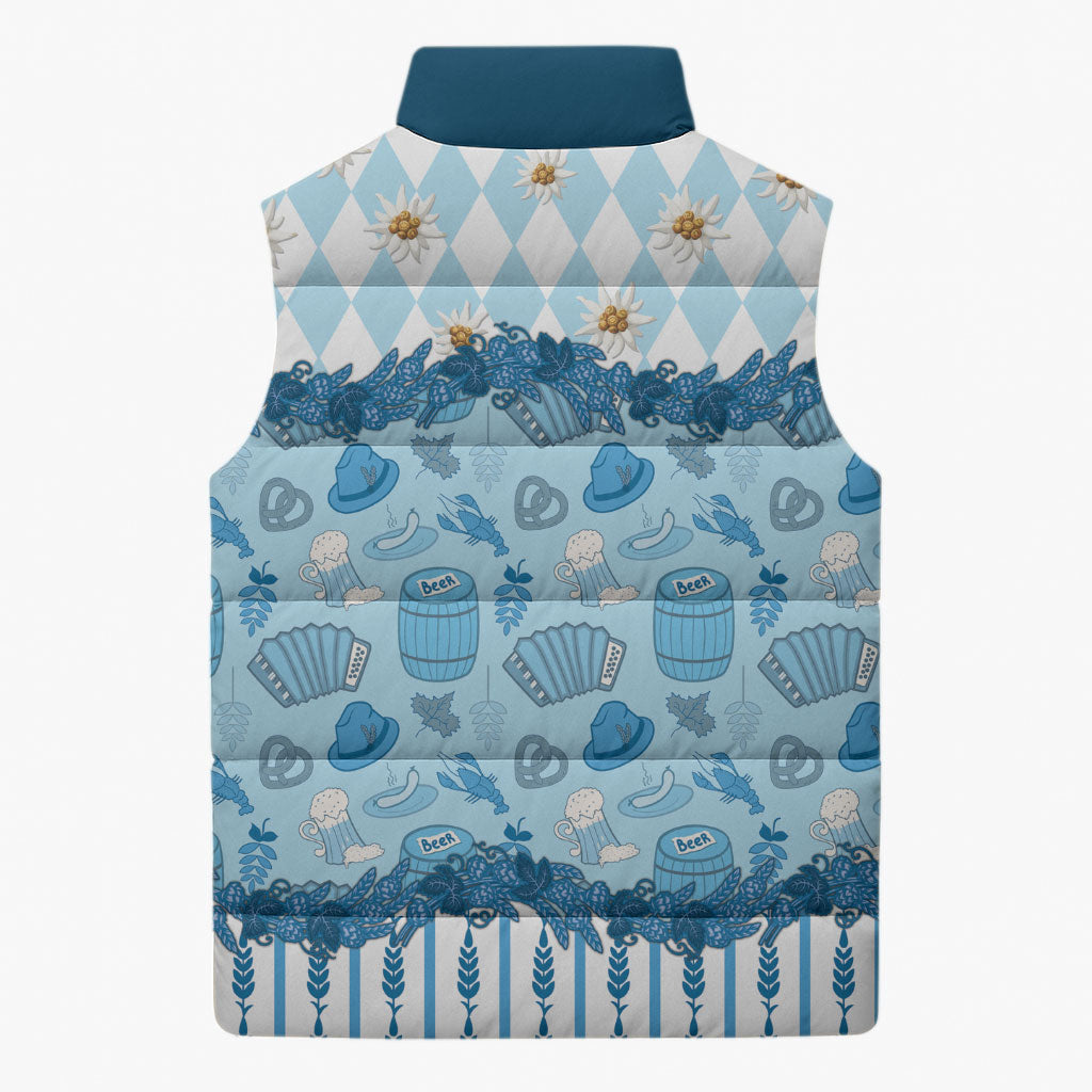 Oktoberfest Bavarian Heritage Sleeveless Puffer Jacket Edelweiss Beer Festival Blue Pattern
