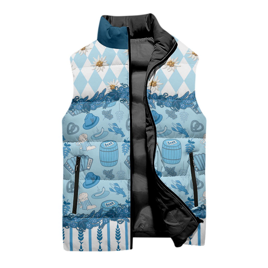 Oktoberfest Bavarian Heritage Sleeveless Puffer Jacket Edelweiss Beer Festival Blue Pattern