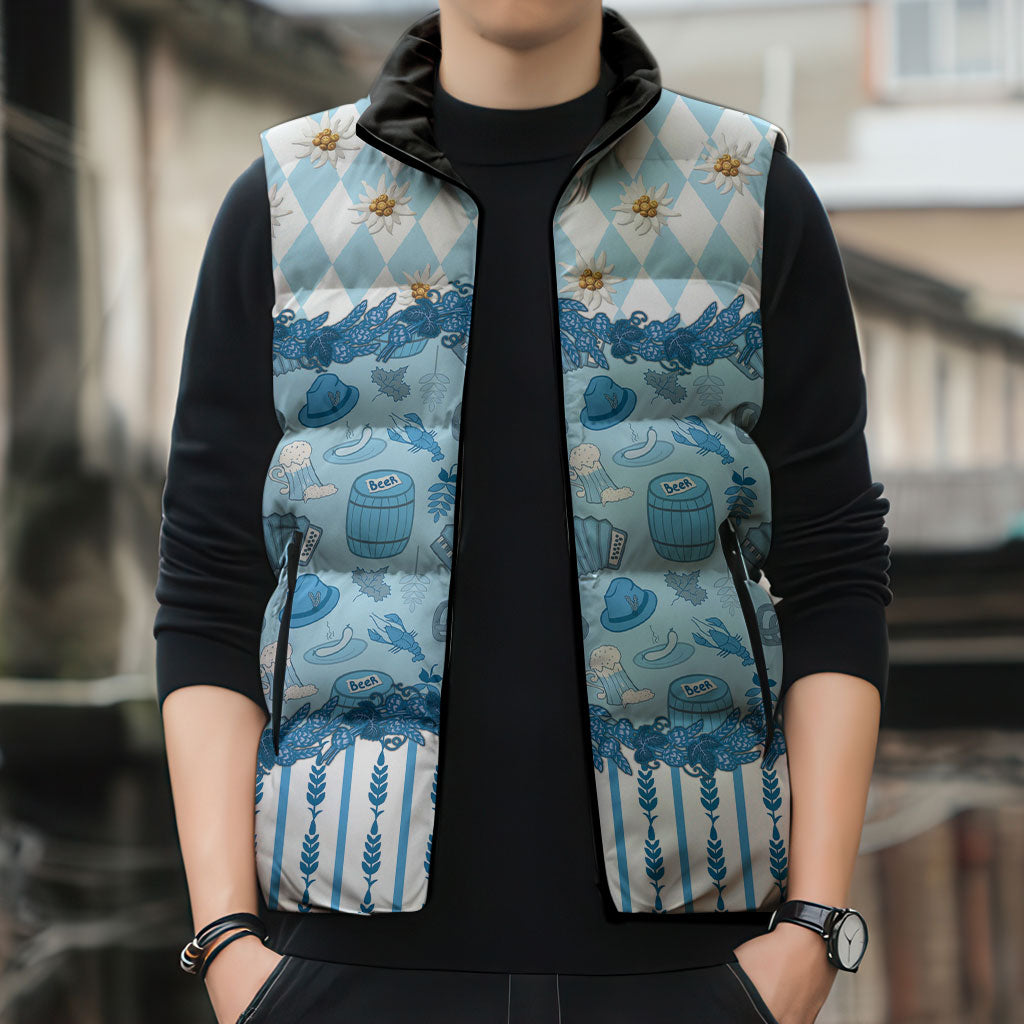 Oktoberfest Bavarian Heritage Sleeveless Puffer Jacket Edelweiss Beer Festival Blue Pattern