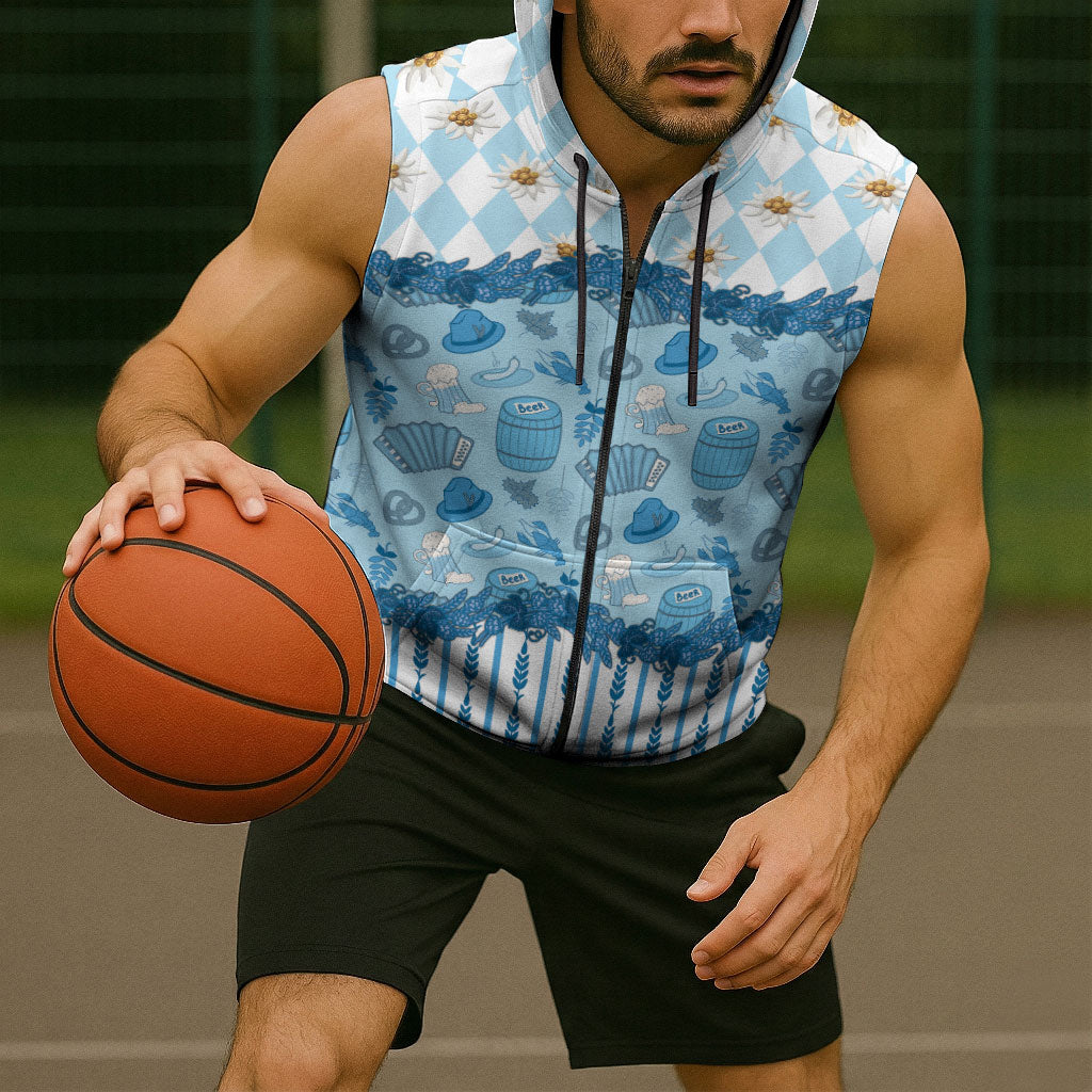 Oktoberfest Bavarian Heritage Sleeveless Zip Hoodie Edelweiss Beer Festival Blue Pattern