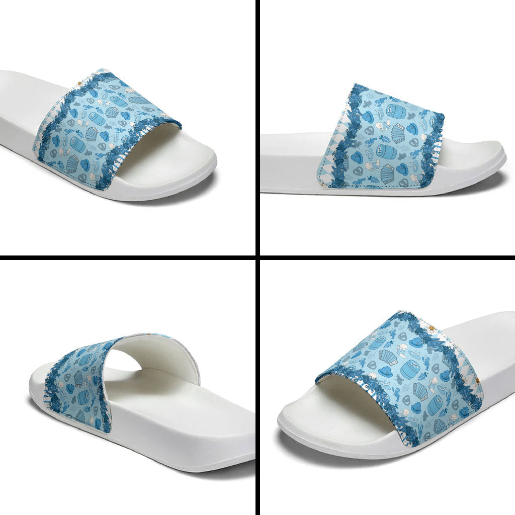 Oktoberfest Bavarian Heritage Slide Sandals Edelweiss Beer Festival Blue Pattern