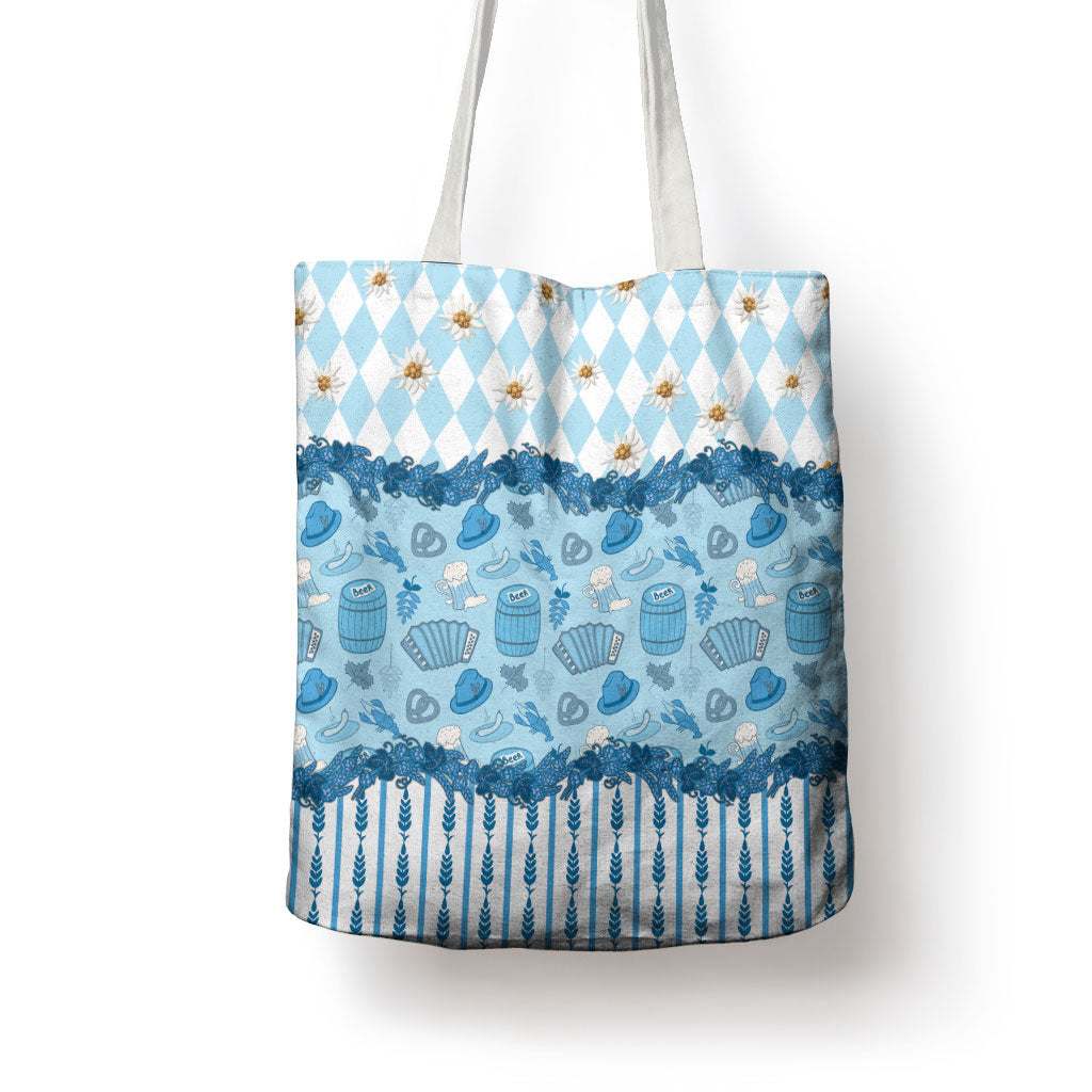 Oktoberfest Bavarian Heritage Tote Bag Edelweiss Beer Festival Blue Pattern