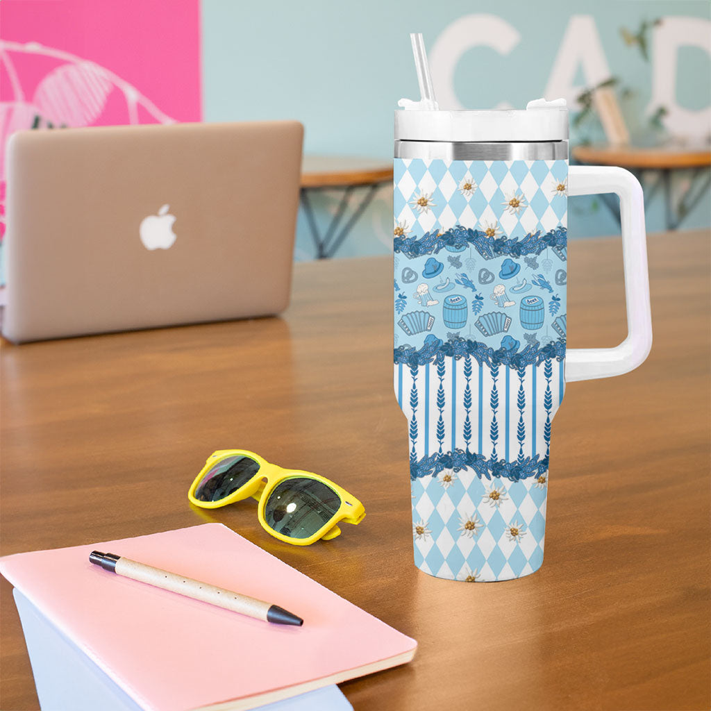 Oktoberfest Bavarian Heritage Tumbler With Handle Edelweiss Beer Festival Blue Pattern