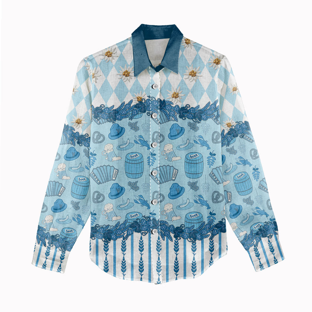 Oktoberfest Bavarian Heritage Women Casual Shirt Edelweiss Beer Festival Blue Pattern