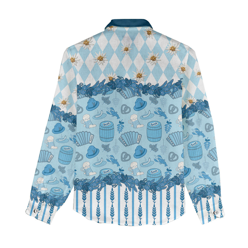 Oktoberfest Bavarian Heritage Women Casual Shirt Edelweiss Beer Festival Blue Pattern