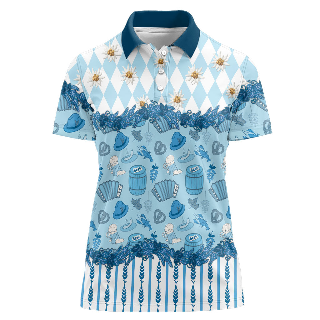 Oktoberfest Bavarian Heritage Women Polo Shirt Edelweiss Beer Festival Blue Pattern