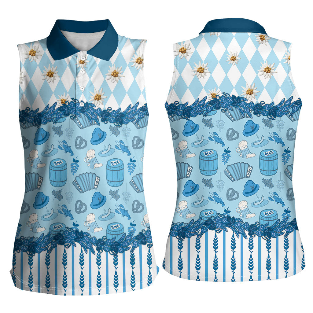 Oktoberfest Bavarian Heritage Women Sleeveless Polo Shirt Edelweiss Beer Festival Blue Pattern