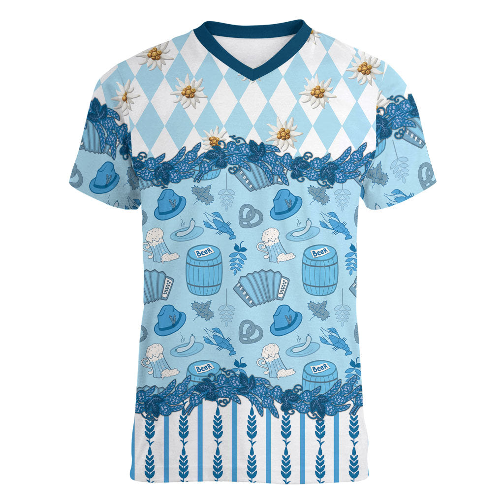Oktoberfest Bavarian Heritage Women V-Neck T-Shirt Edelweiss Beer Festival Blue Pattern