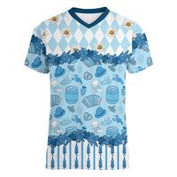 Oktoberfest Bavarian Heritage Women V-Neck T-Shirt Edelweiss Beer Festival Blue Pattern