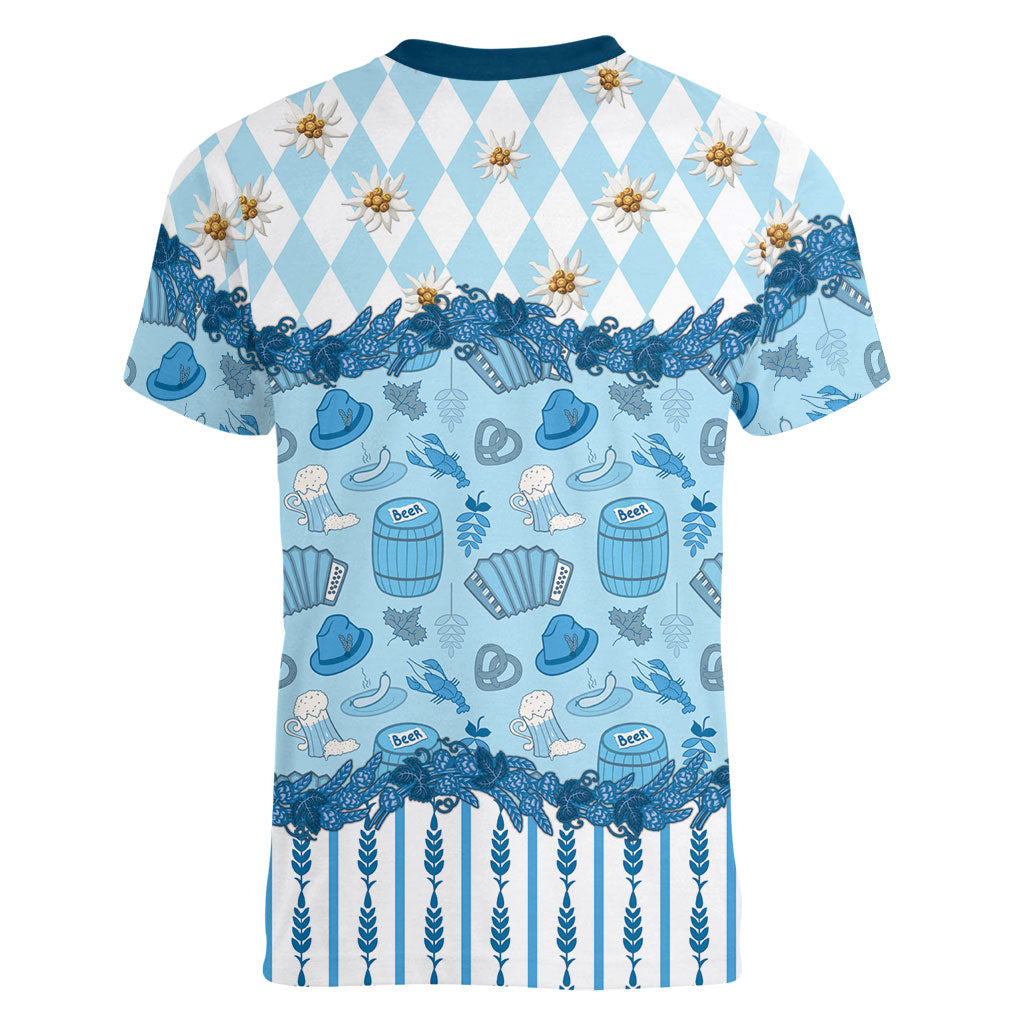 Oktoberfest Bavarian Heritage Women V-Neck T-Shirt Edelweiss Beer Festival Blue Pattern