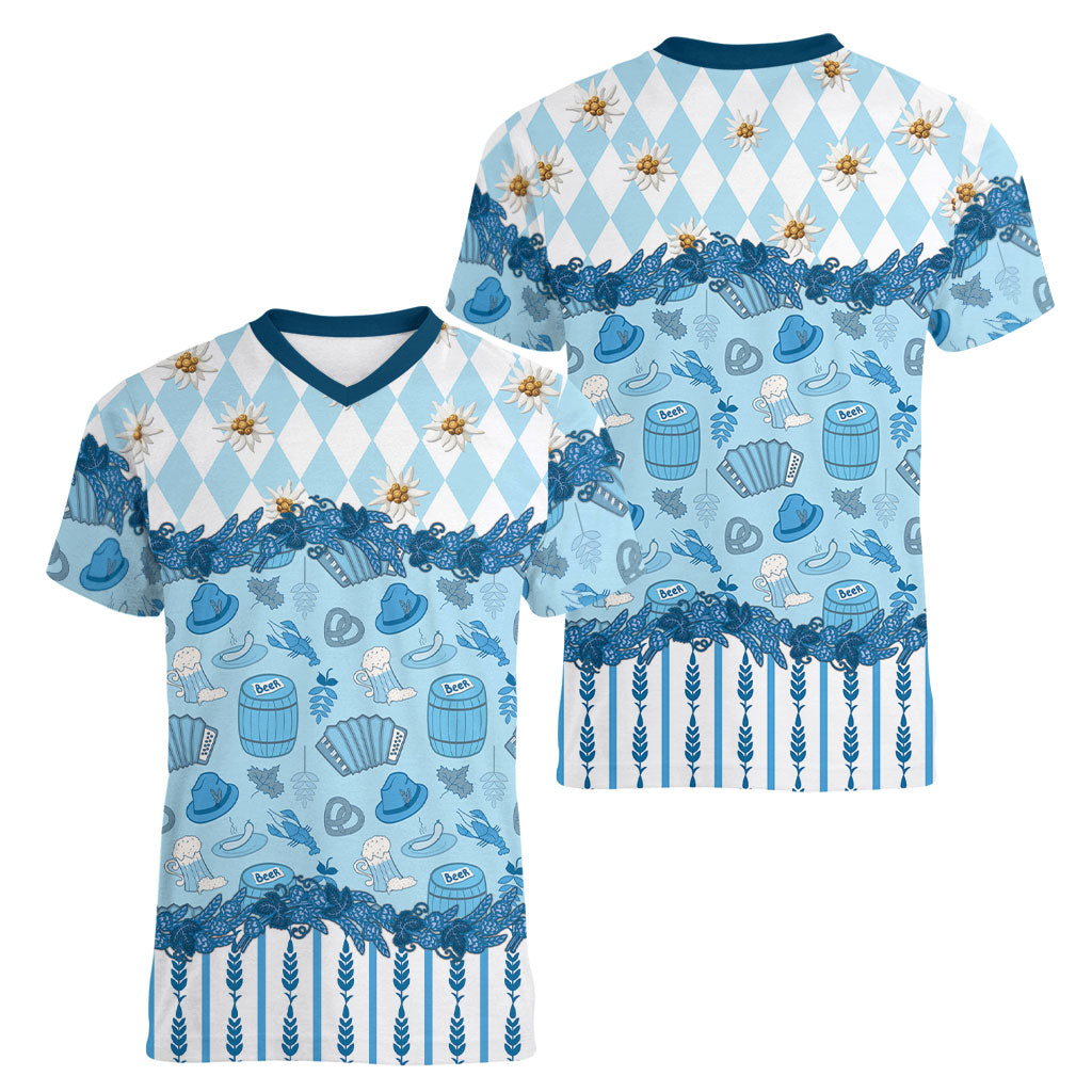 Oktoberfest Bavarian Heritage Women V-Neck T-Shirt Edelweiss Beer Festival Blue Pattern