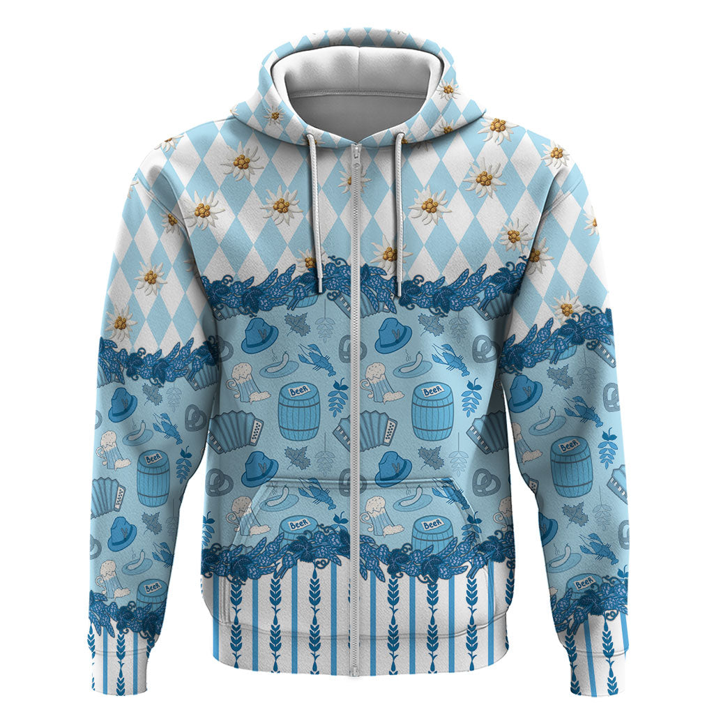 Oktoberfest Bavarian Heritage Zip Hoodie Edelweiss Beer Festival Blue Pattern