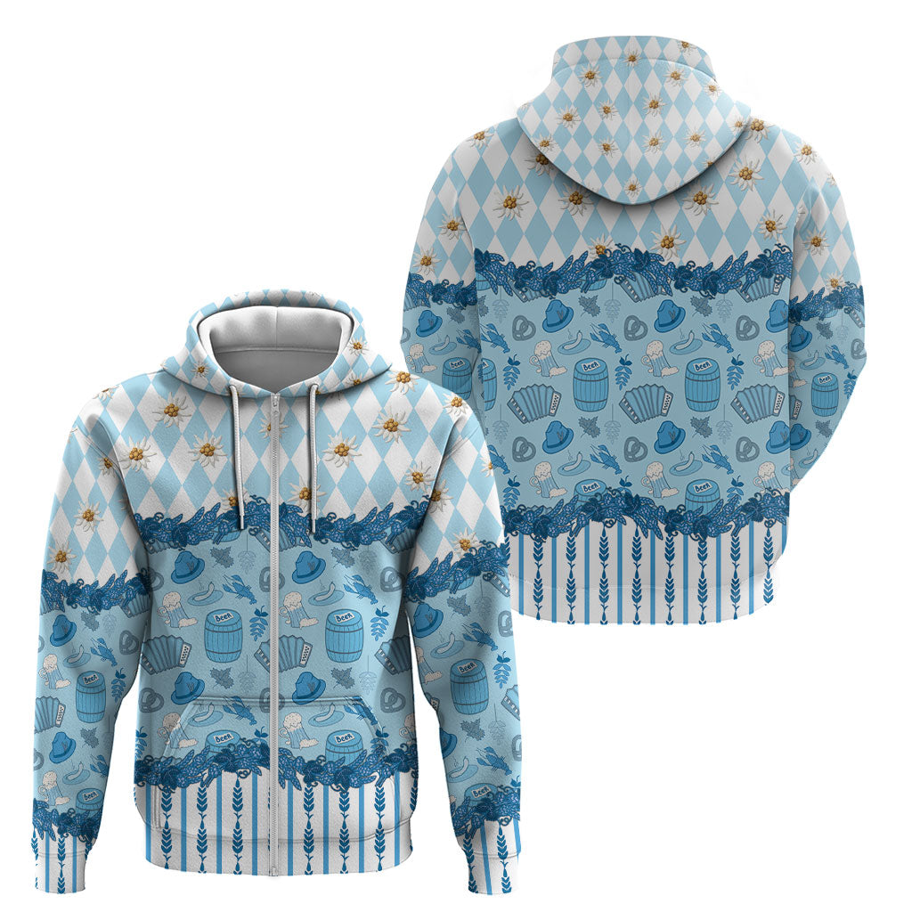 Oktoberfest Bavarian Heritage Zip Hoodie Edelweiss Beer Festival Blue Pattern