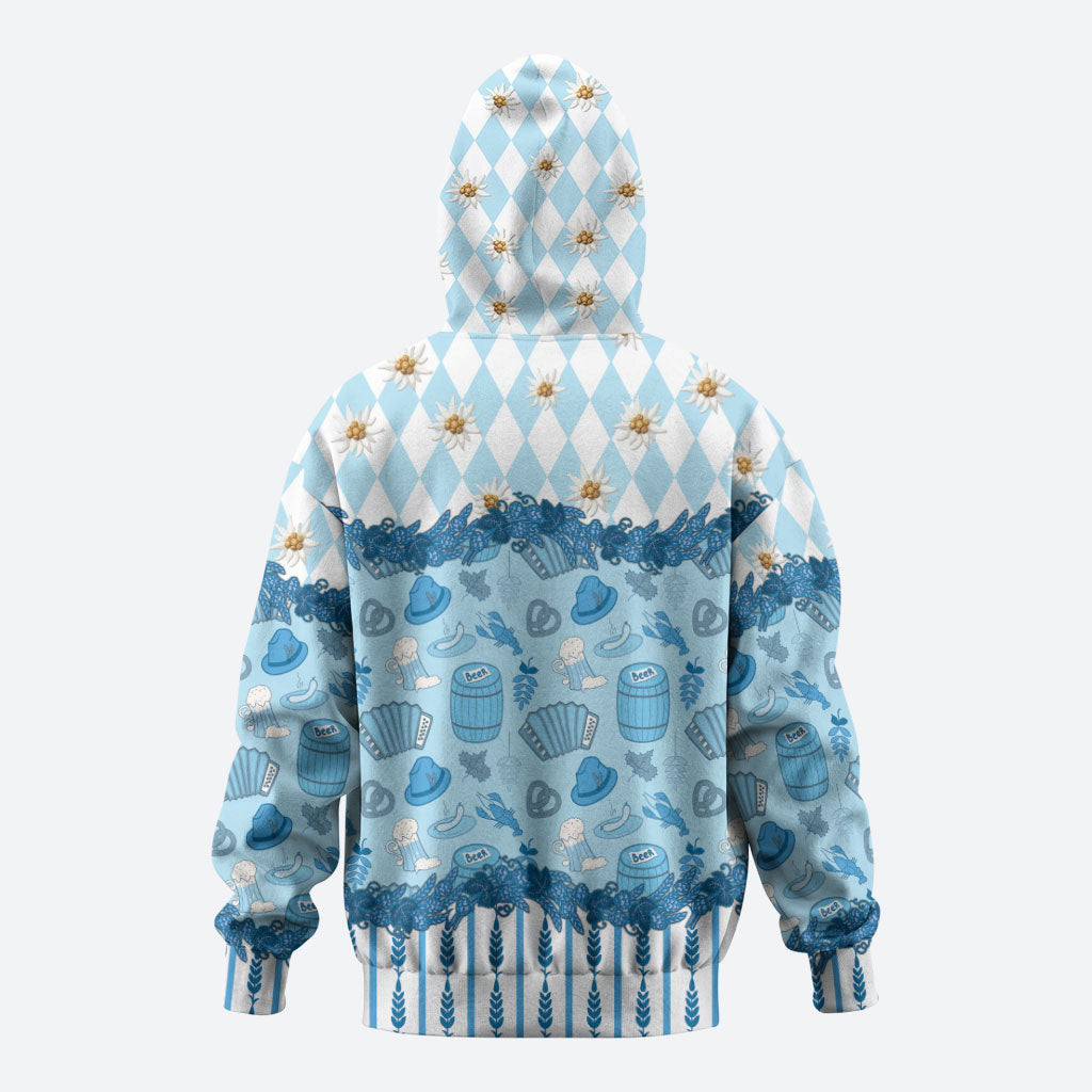 Oktoberfest Bavarian Heritage Zip Hoodie Edelweiss Beer Festival Blue Pattern