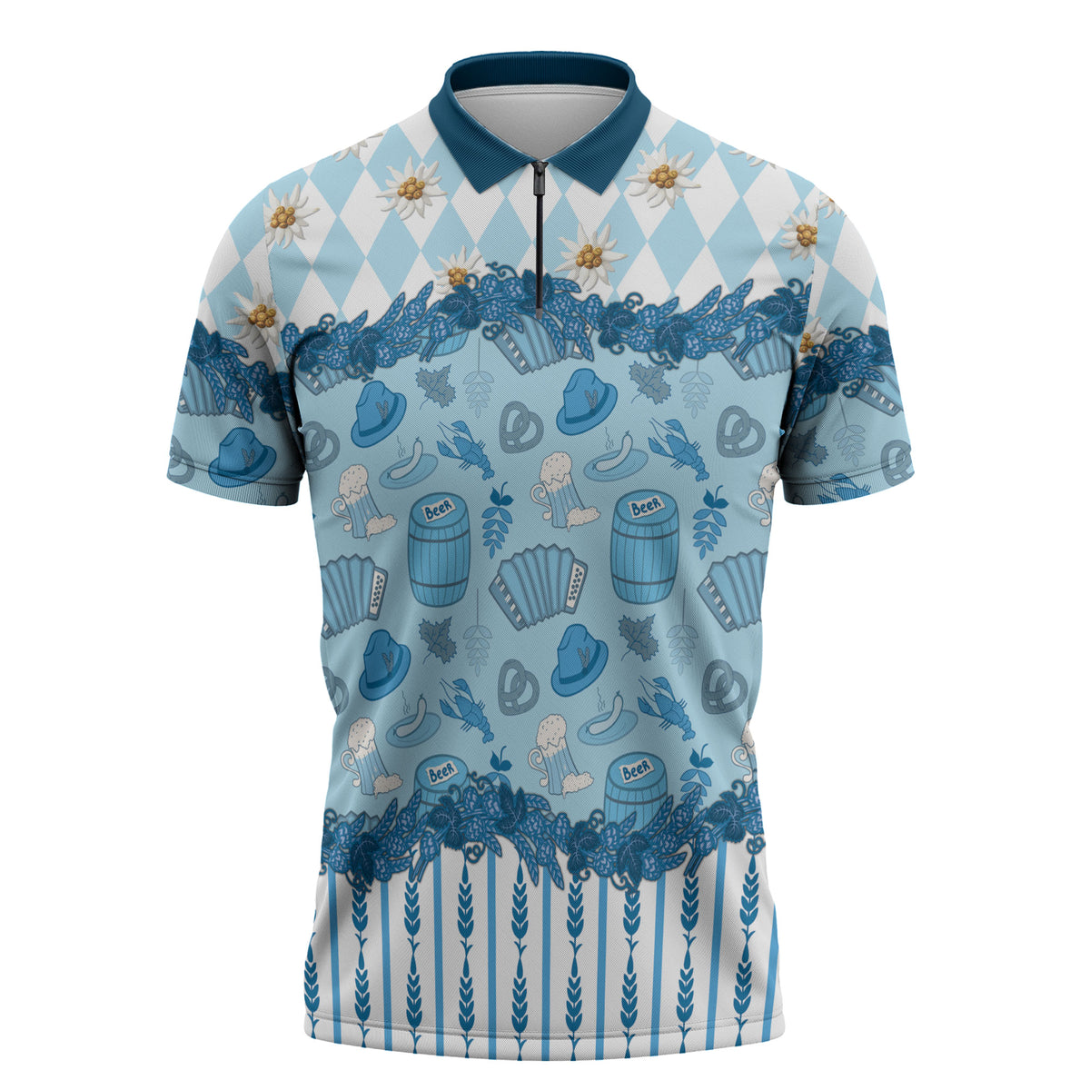 Oktoberfest Bavarian Heritage Zipper Polo Shirt Edelweiss Beer Festival Blue Pattern