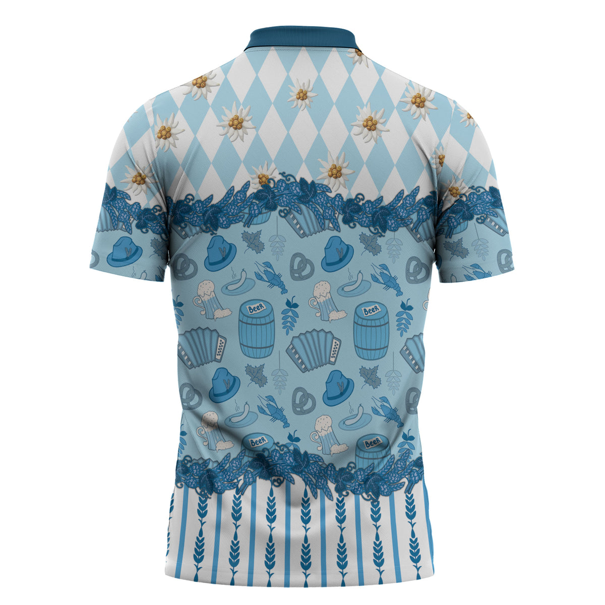 Oktoberfest Bavarian Heritage Zipper Polo Shirt Edelweiss Beer Festival Blue Pattern