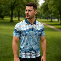 Oktoberfest Bavarian Heritage Zipper Polo Shirt Edelweiss Beer Festival Blue Pattern