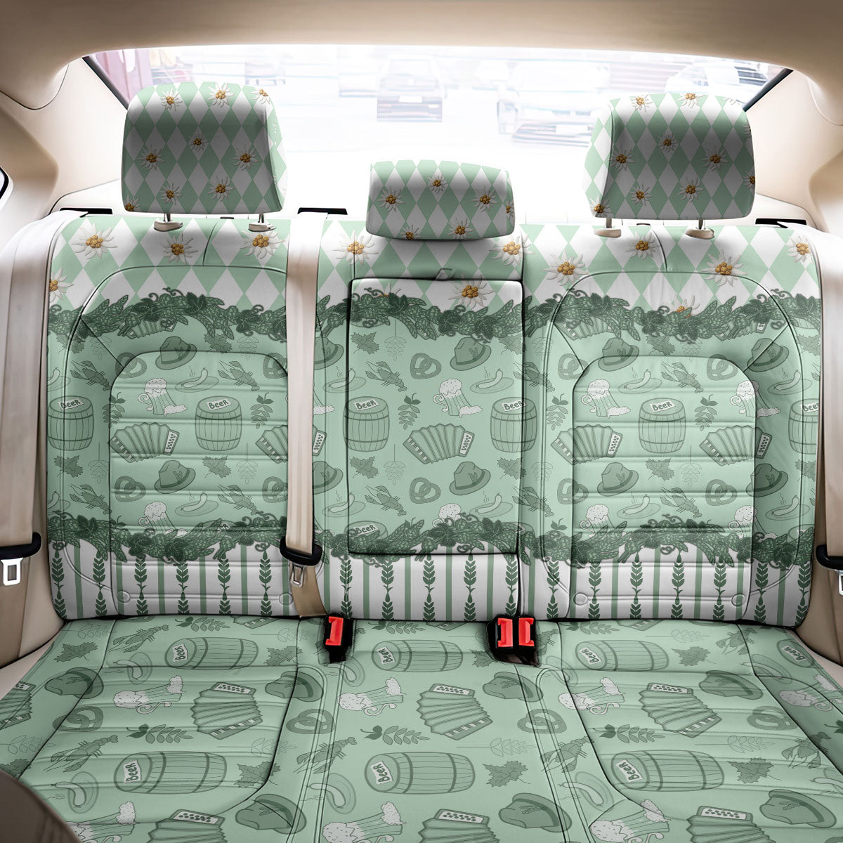 Oktoberfest Bavarian Heritage Back Car Seat Cover Edelweiss Beer Festival Green Pattern