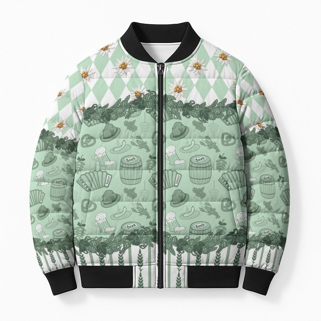 Oktoberfest Bavarian Heritage Bomber Puffer Jacket Edelweiss Beer Festival Green Pattern