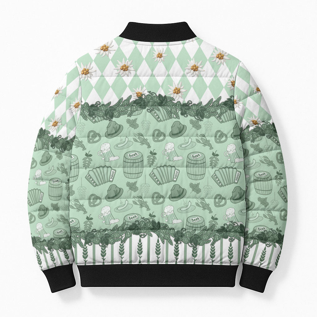 Oktoberfest Bavarian Heritage Bomber Puffer Jacket Edelweiss Beer Festival Green Pattern