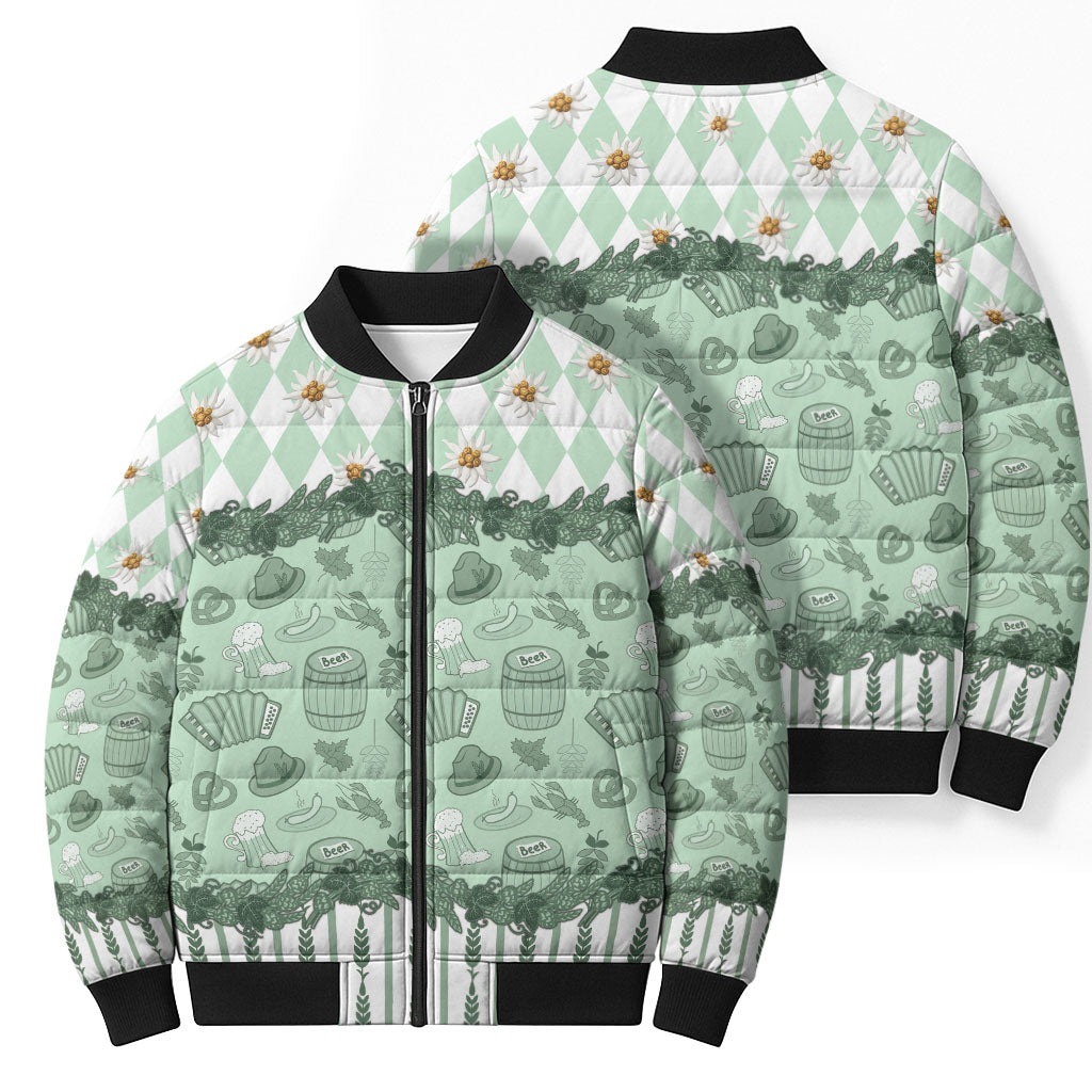 Oktoberfest Bavarian Heritage Bomber Puffer Jacket Edelweiss Beer Festival Green Pattern