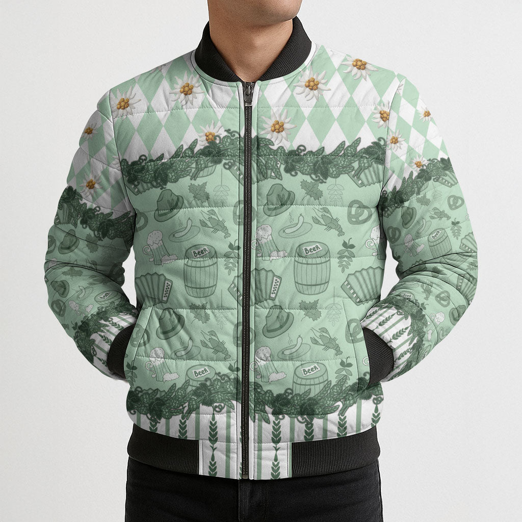 Oktoberfest Bavarian Heritage Bomber Puffer Jacket Edelweiss Beer Festival Green Pattern