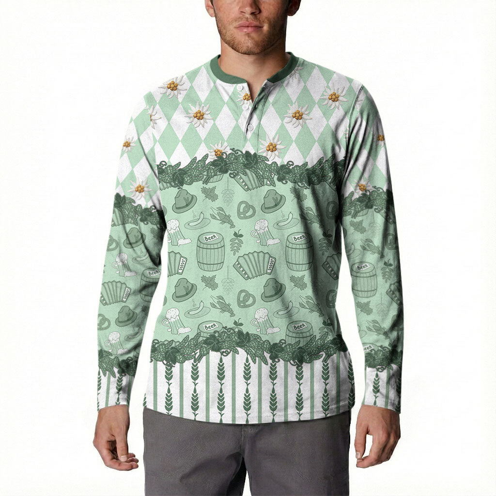 Oktoberfest Bavarian Heritage Button Sweatshirt Edelweiss Beer Festival Green Pattern