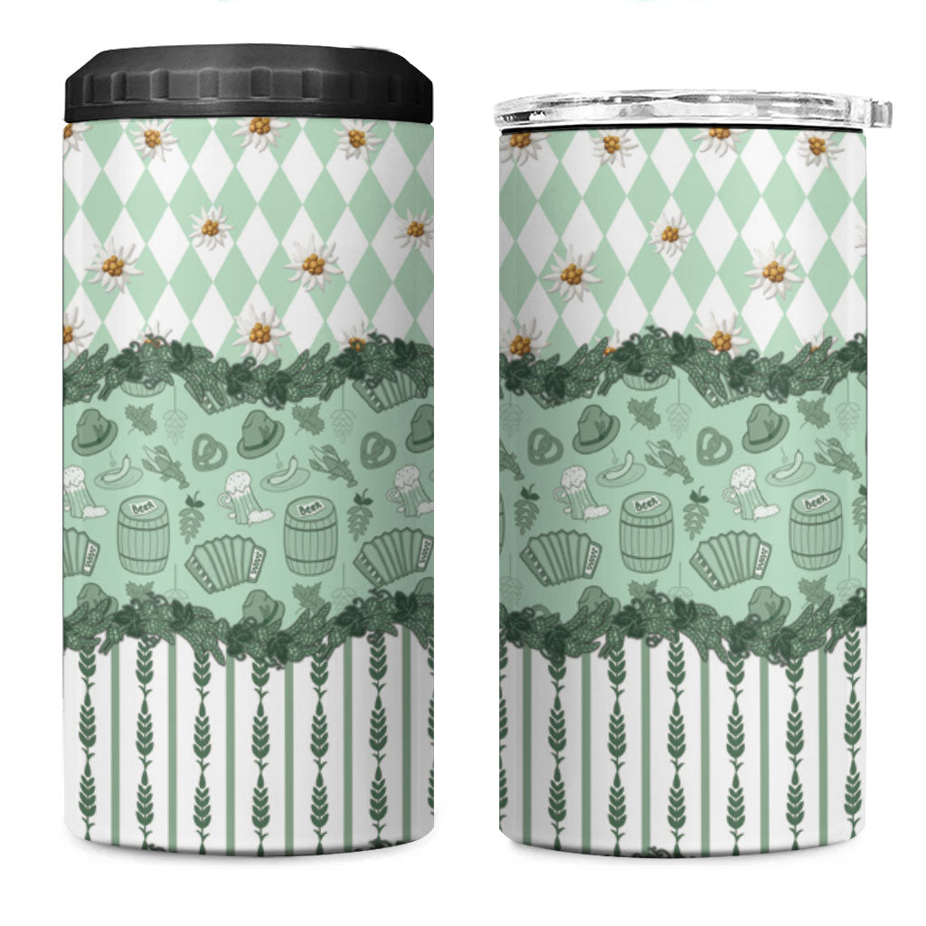 Oktoberfest Bavarian Heritage 4 in 1 Can Cooler Tumbler Edelweiss Beer Festival Green Pattern