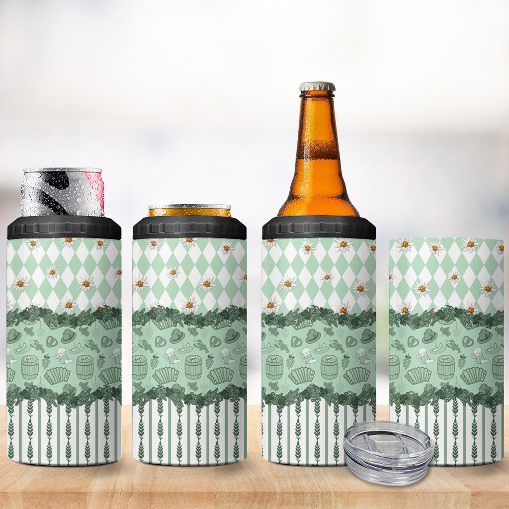 Oktoberfest Bavarian Heritage 4 in 1 Can Cooler Tumbler Edelweiss Beer Festival Green Pattern