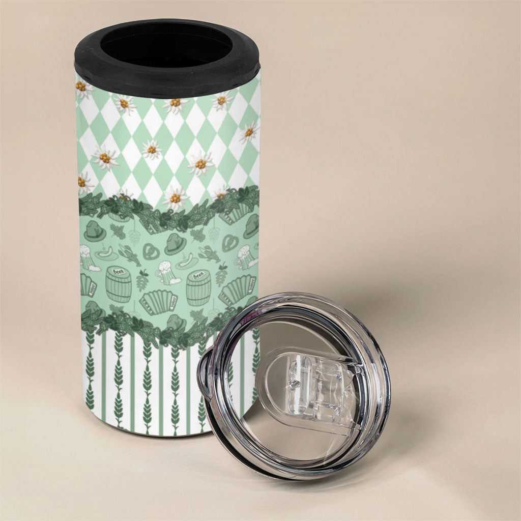 Oktoberfest Bavarian Heritage 4 in 1 Can Cooler Tumbler Edelweiss Beer Festival Green Pattern