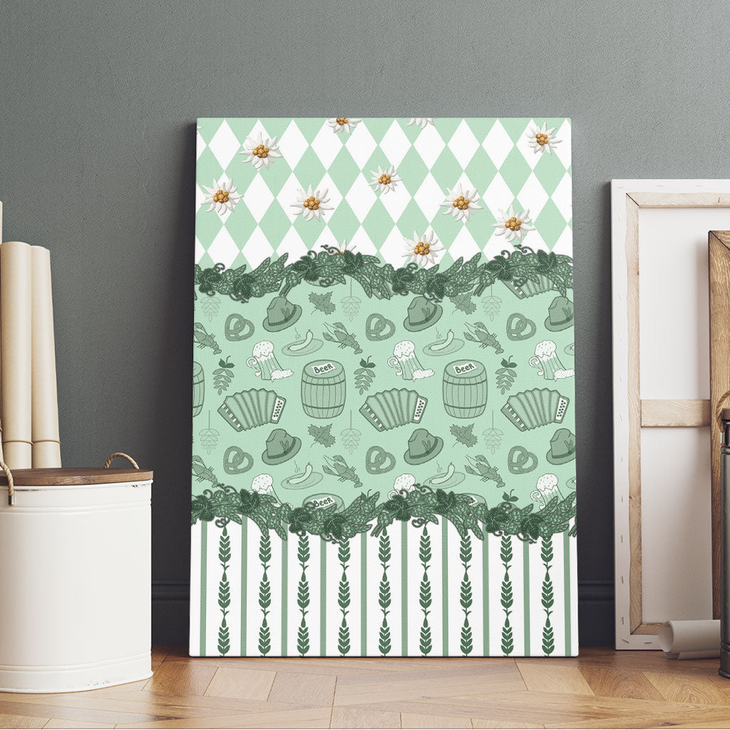 Oktoberfest Bavarian Heritage Canvas Wall Art Edelweiss Beer Festival Green Pattern