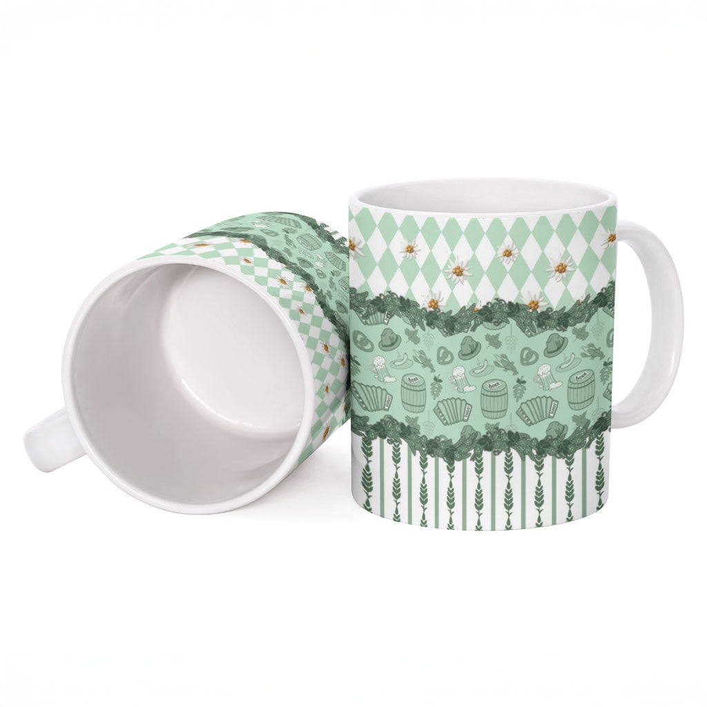 Oktoberfest Bavarian Heritage Ceramic Mug Edelweiss Beer Festival Green Pattern