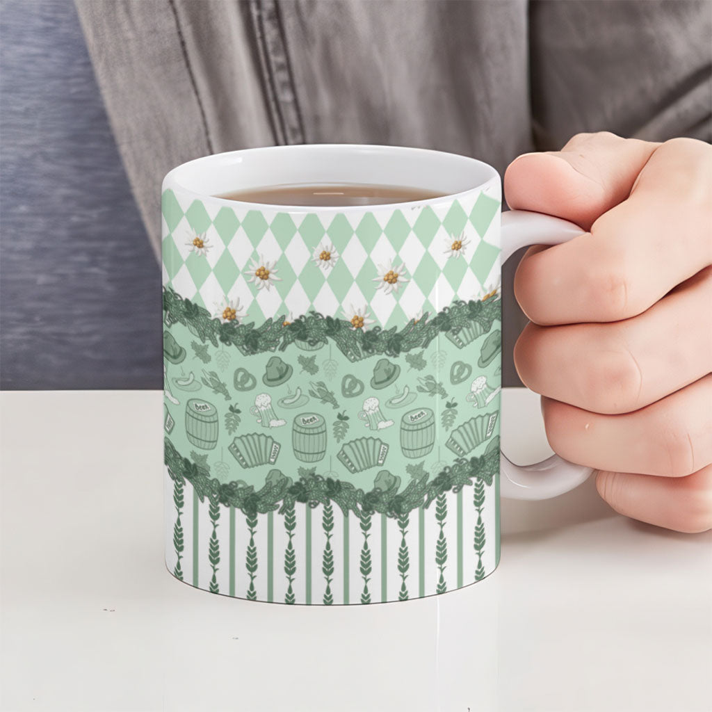 Oktoberfest Bavarian Heritage Ceramic Mug Edelweiss Beer Festival Green Pattern