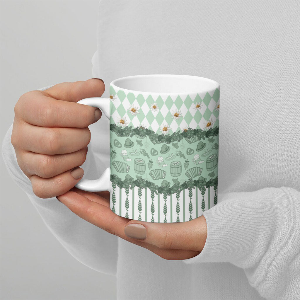 Oktoberfest Bavarian Heritage Ceramic Mug Edelweiss Beer Festival Green Pattern