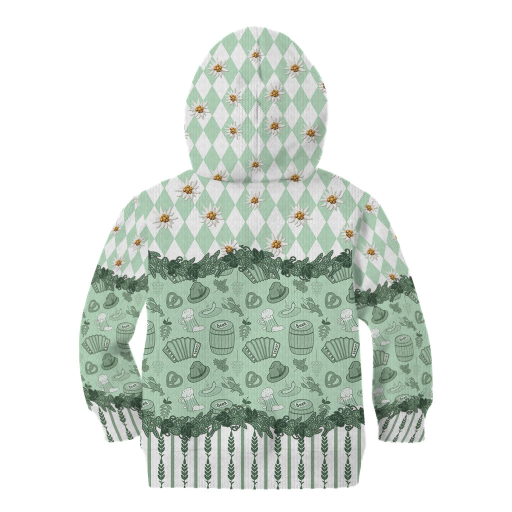 Oktoberfest Bavarian Heritage Kid Hoodie Edelweiss Beer Festival Green Pattern
