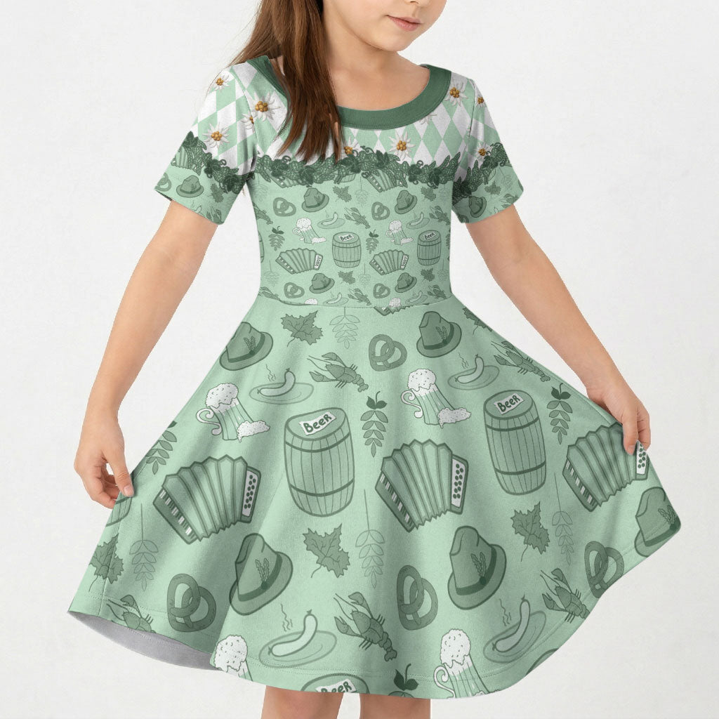 Oktoberfest Bavarian Heritage Kid Short Sleeve Dress Edelweiss Beer Festival Green Pattern