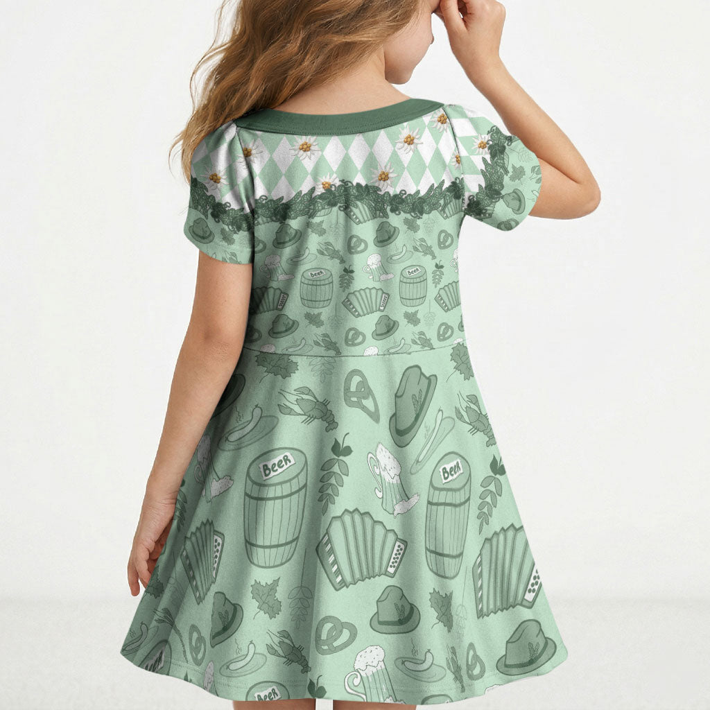 Oktoberfest Bavarian Heritage Kid Short Sleeve Dress Edelweiss Beer Festival Green Pattern