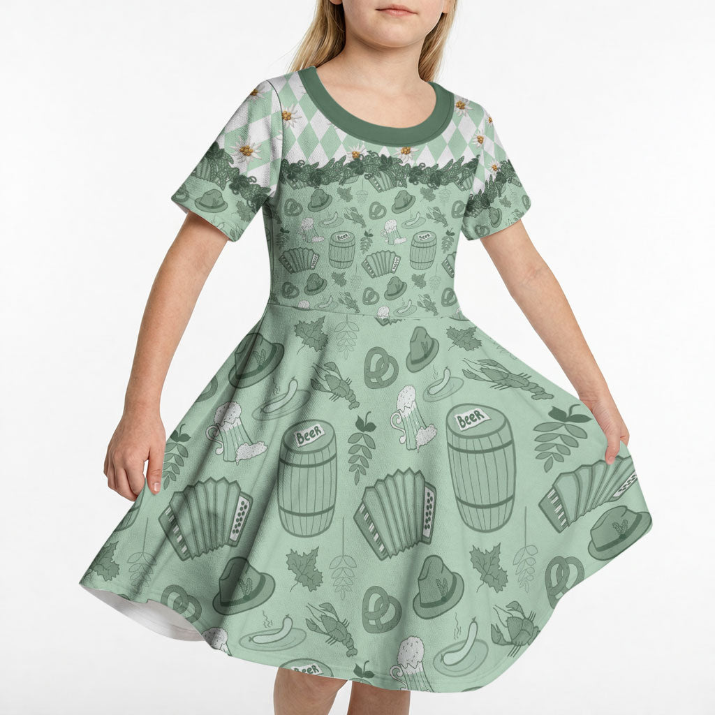 Oktoberfest Bavarian Heritage Kid Short Sleeve Dress Edelweiss Beer Festival Green Pattern