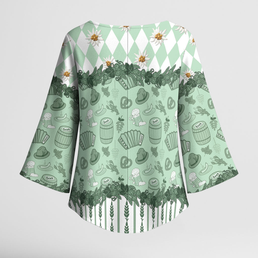 Oktoberfest Bavarian Heritage Kimono Sleeve Blouse Edelweiss Beer Festival Green Pattern