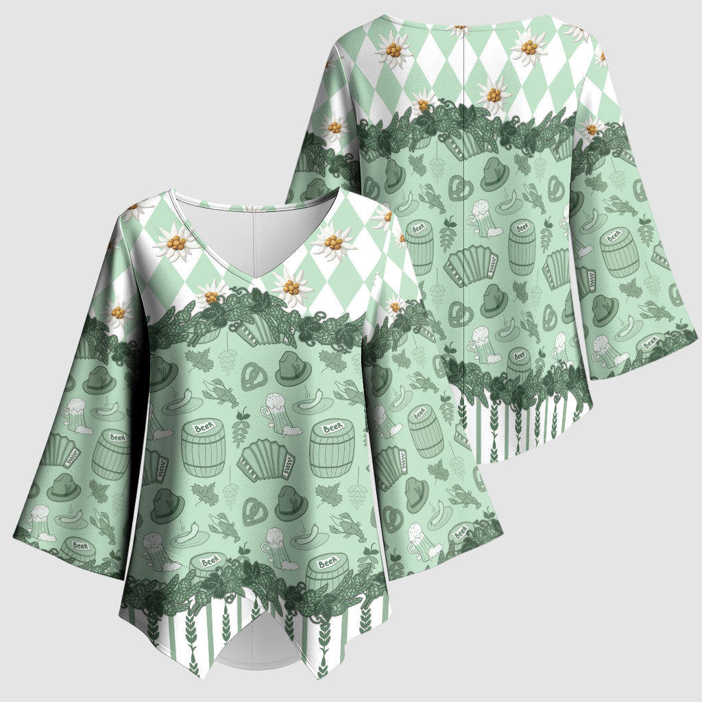 Oktoberfest Bavarian Heritage Kimono Sleeve Blouse Edelweiss Beer Festival Green Pattern