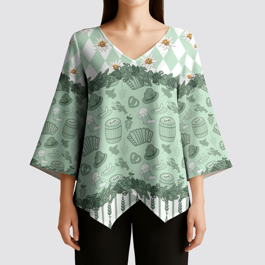Oktoberfest Bavarian Heritage Kimono Sleeve Blouse Edelweiss Beer Festival Green Pattern