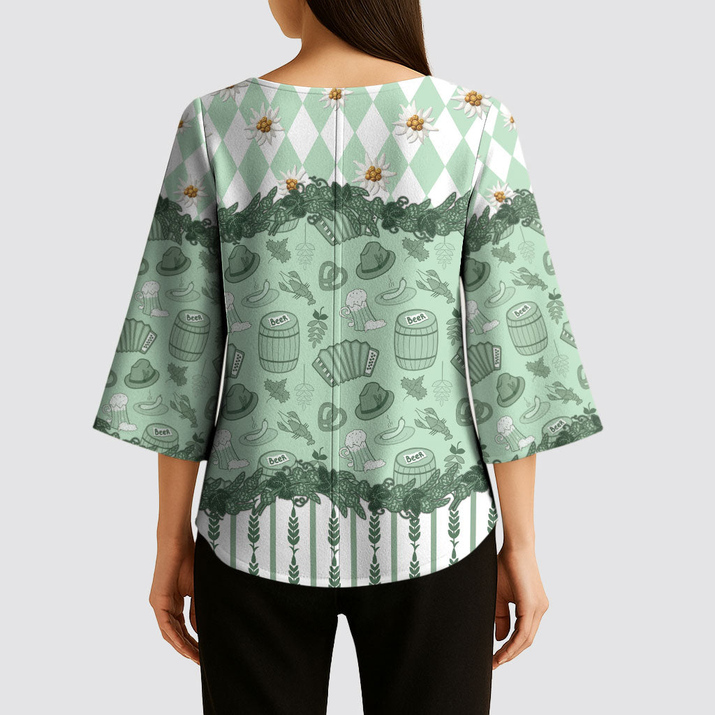 Oktoberfest Bavarian Heritage Kimono Sleeve Blouse Edelweiss Beer Festival Green Pattern