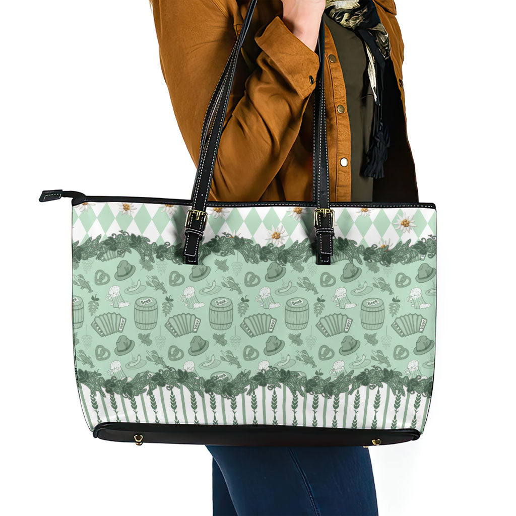 Oktoberfest Bavarian Heritage Leather Tote Bag Edelweiss Beer Festival Green Pattern