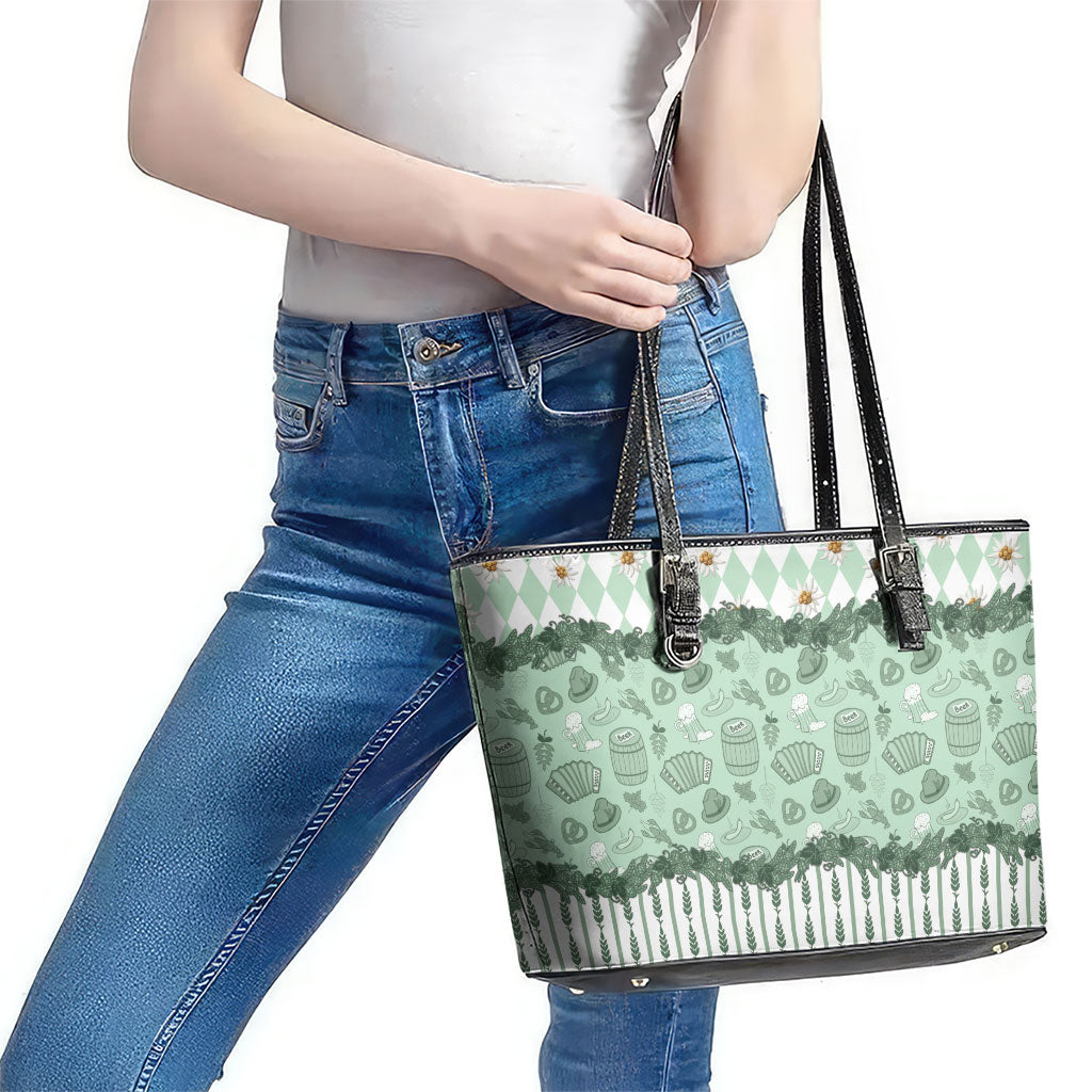 Oktoberfest Bavarian Heritage Leather Tote Bag Edelweiss Beer Festival Green Pattern